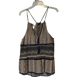 THML Spaghetti Strap Tank Top Womens Large Boho Blue Cream Tassel Cutout Fringe